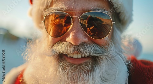 Santa Claus Wearing Sunglasses on Beach at Sunset