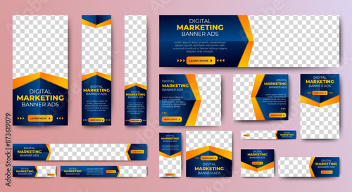 set of blue background for web ad banner template with text and image spaces. vector