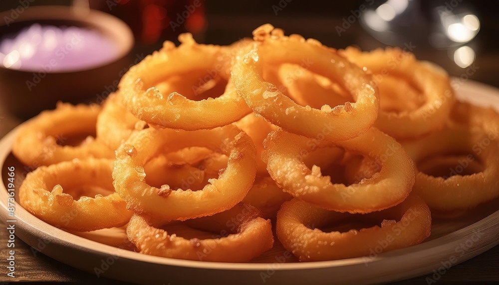 Crispy Golden Onion Rings on Plate Crispy Golden Onion Rings on Plate