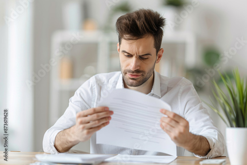 A young man in a white shirt sits at a desk, looking intently at some paperwork. He appears concerned or focused. photo