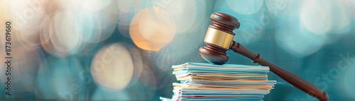 Gavel and stacked books against a blue background.