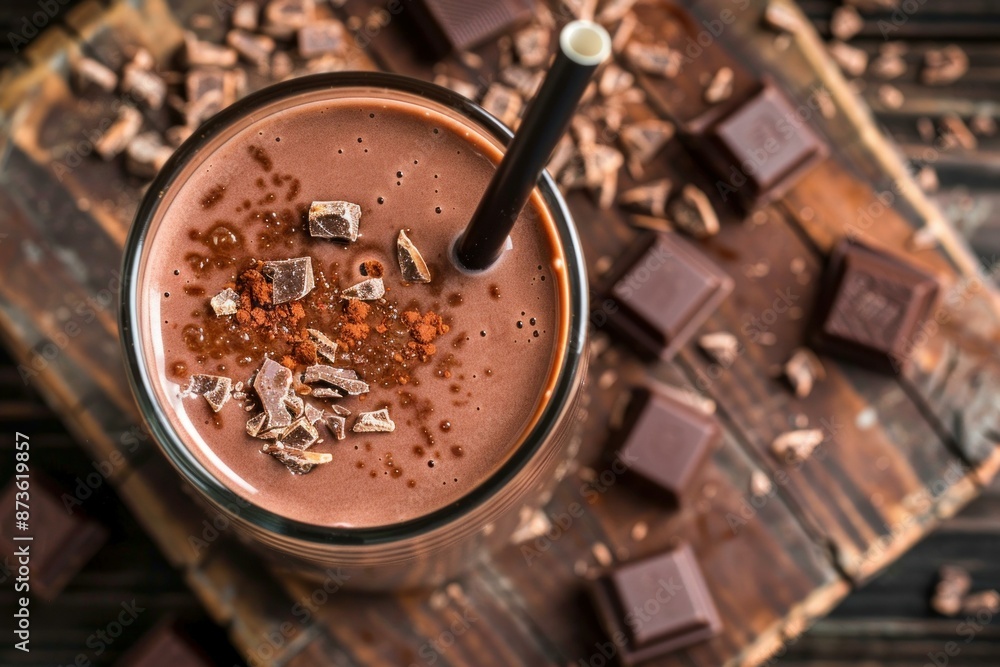 Rich, creamy chocolate milkshake sprinkled with chocolate chunks and cocoa, seen from above