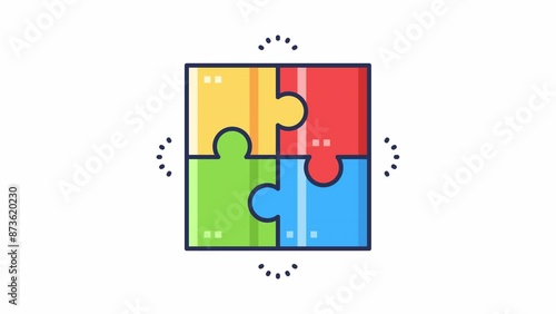 Four colorful puzzle pieces yellow, green, red, and blue assambled. Perfect for illustrating teamwork, problemsolving, diversity, and collaboration concepts. Looping transparent background.