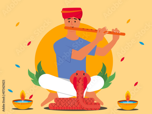 Indian snake charmer. Asian culture vector illustration.
