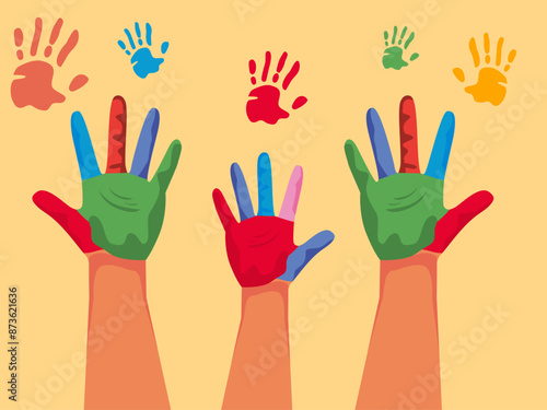 Finger painting. Colourful painted hands. Holi festival art. Asian culture vector illustration.