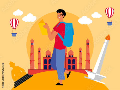Man traveling around the world. Asian culture vector illustration.