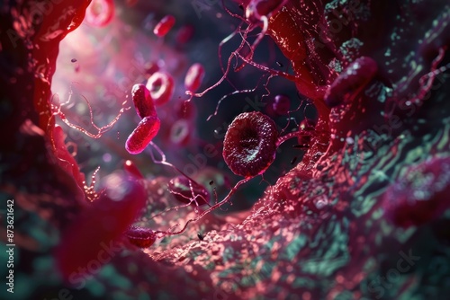 Digitallyrendered image depicting a vivid journey through the human bloodstream with cells and invading bacteria photo