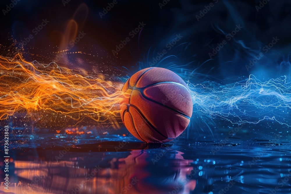 A basketball is in the water, with a splash of water around it A basketball is in the water, with a splash of water around it