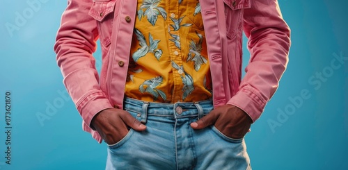 Man Wearing Pink Denim Jacket and Yellow Floral Shirt With Hands in Pockets