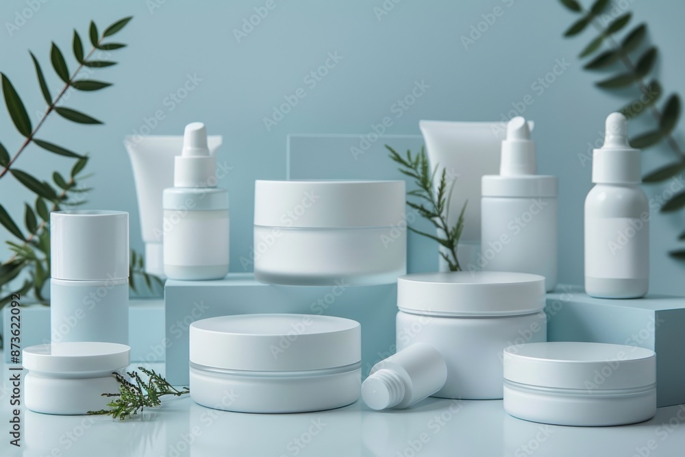 A collection of beauty products, including a bottle of lotion. Cosmetic concept A collection of beauty products, including a bottle of lotion. Cosmetic concept