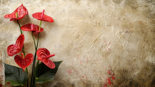 Old paper background with red anthurium on textured surface photo