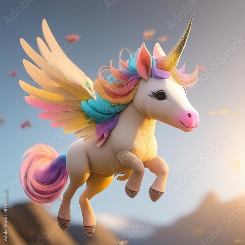 Flying Winged Unicorn with Rainbow Mane