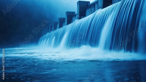 Majestic Waterfall Cascading Over Concrete Dam in Misty Blue Atmosphere