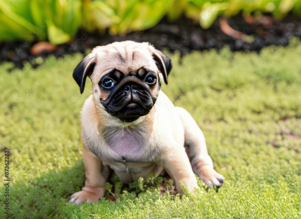 puppy Pug dog in garden. High quality photo