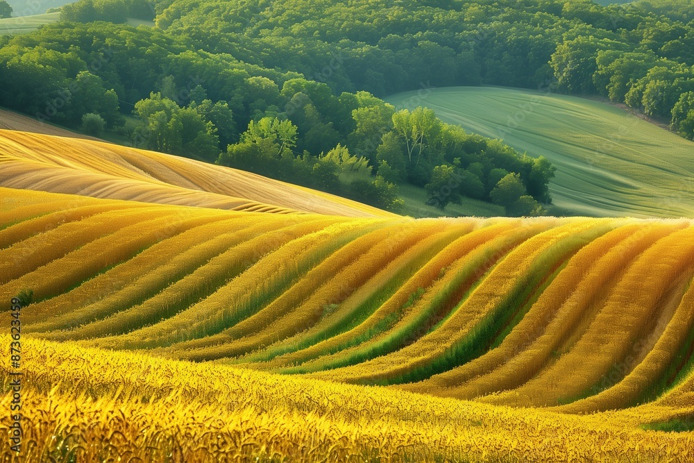 Fototapeta premium Nature's field in rural summer landscape. Yellow countryside with green view.