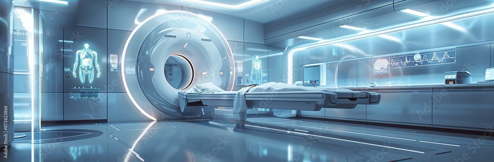 Modern Medical Imaging Room With MRI Machine and Patient Table Modern Medical Imaging Room With MRI Machine and Patient Table