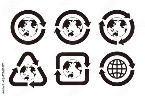 陸がスミベタの地球を中心としたさまざまな形の矢印の白黒のリサイクルマークのアイコンセット