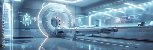 Modern Medical Imaging Room With MRI Machine and Patient Table
