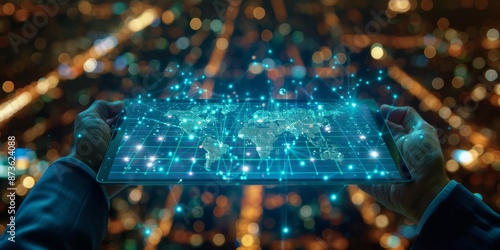 Person Holding Tablet Displaying World Map With Network Connections at Night