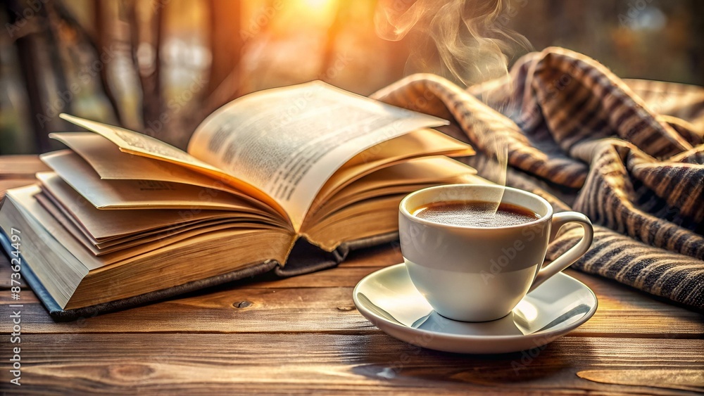 Composition of book with cup of coffee Composition of book with cup of coffee