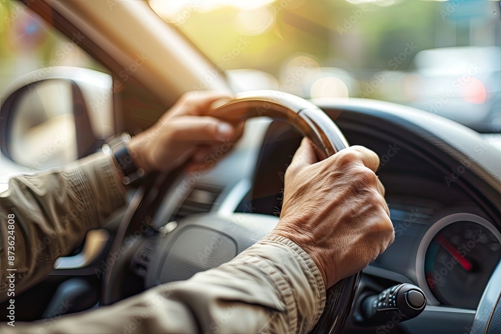 Close up of male hands on steering wheel of a car driving on the road