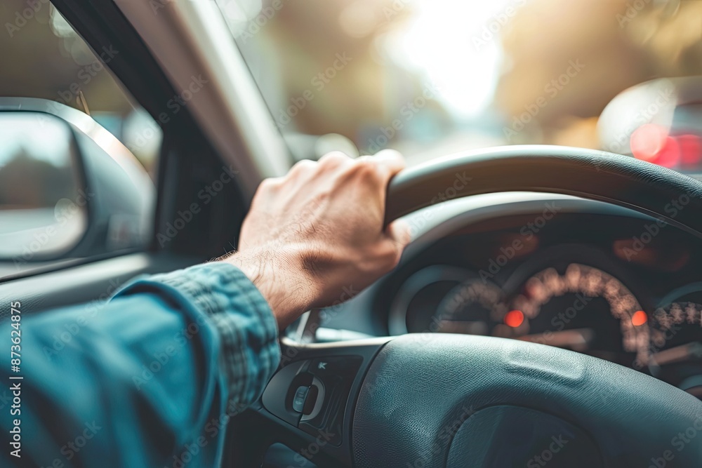 Naklejka premium Close up of male hands on steering wheel of a car driving on the road