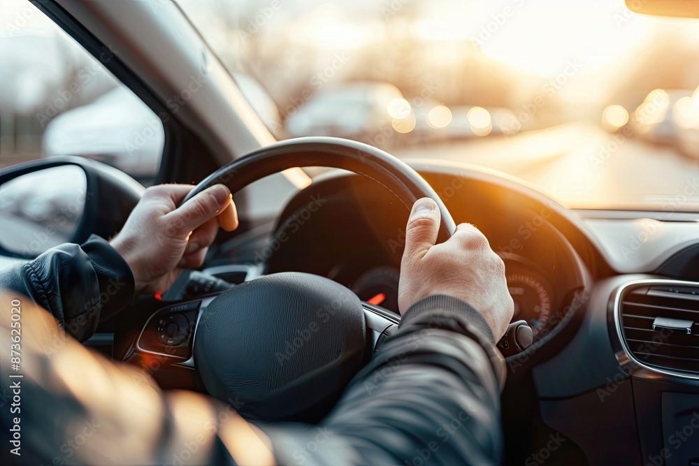 Close up of male hands on steering wheel of a car driving on the road