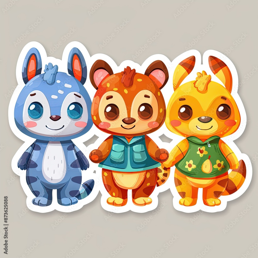 Adorable cartoon animal trio of friends in bright colors and cute outfits Adorable cartoon animal trio of friends in bright colors and cute outfits