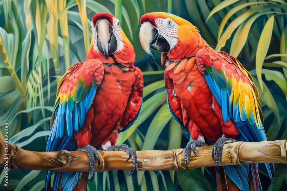Obraz premium Two Scarlet Macaws Perched on a Branch in a Lush Tropical Setting