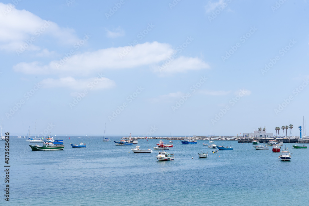 Obraz premium Fishing boats floating in the fish port of Cascais,Cascais municipality, Portugal