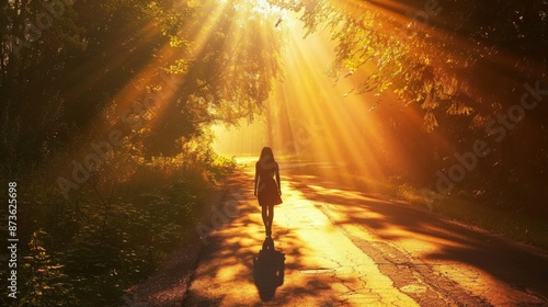 Rear view of young woman walking on road through colorful sunny autumn forest under morning sun rays