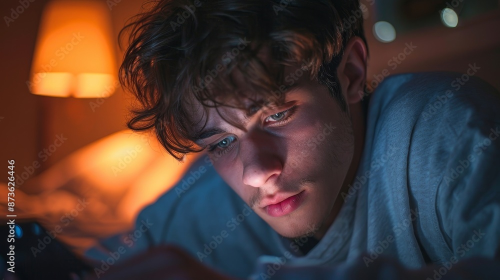 Young man, scrolling social media, feeling inadequate, overtheshoulder angle, dim room lighting, smartphone glow, modern stress, intimate closeup, muted colors., Young man, scrolling social media, feeling inadequate, overtheshoulder angle, dim room lighting, smartphone glow, modern stress, intimate closeup, muted colors.,