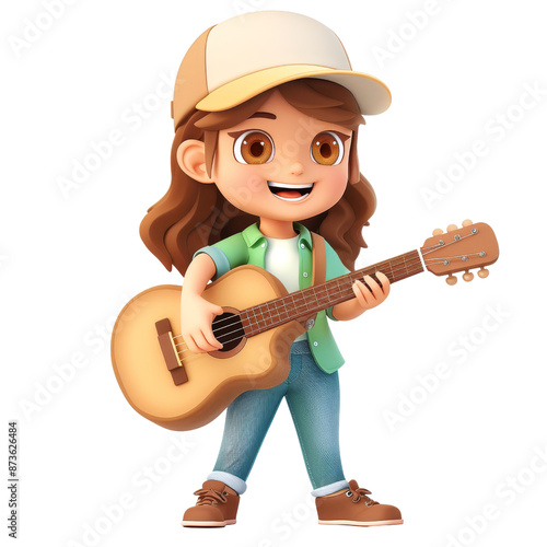 3D cartoon girl musician with brown hair playing guitar dressed in green shirt and jeans on transparent background clipart