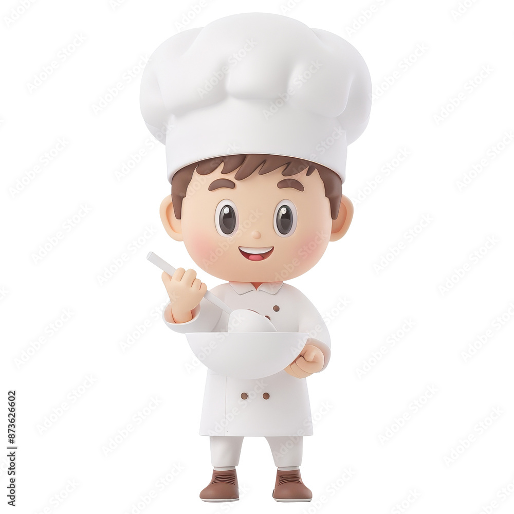 3D cartoon boy chef with white hat holding a bowl and stirring dressed in white uniform on transparent background clipart 3D cartoon boy chef with white hat holding a bowl and stirring dressed in white uniform on transparent background clipart