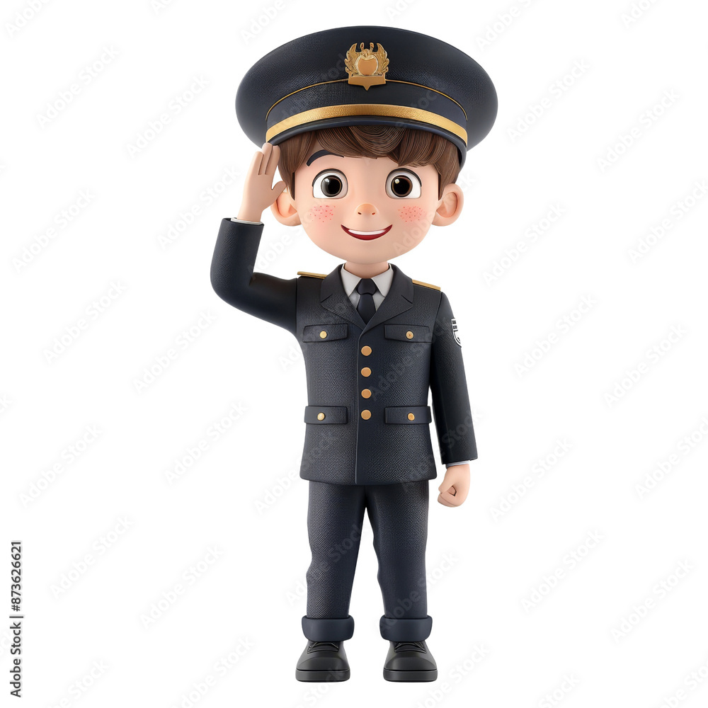 3D cartoon boy pilot saluting in black uniform and hat on transparent background clipart 3D cartoon boy pilot saluting in black uniform and hat on transparent background clipart