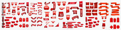 Giveaway tags or labels for social media post. Red announcement 3d banners giveaway contest ribbons.