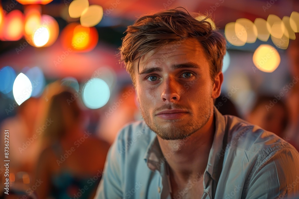 Single man, speed dating event, nervous expression, medium shot, lively background, dating pressure, bright lighting, candid shot, social tension., Single man, speed dating event, nervous expression, medium shot, lively background, dating pressure, bright lighting, candid shot, social tension.,