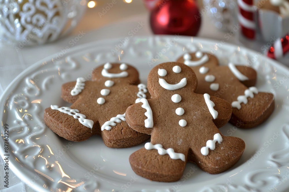 Homemade gingerbread cookies decorated with icing on a white plate, holiday background Homemade gingerbread cookies decorated with icing on a white plate, holiday background