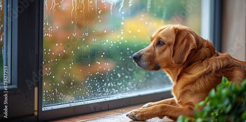Dog Looking Out Window During Rain