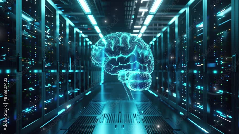 Brain Futuristic Technology background. 3D render of a glowing brain inside a server room with a data center. Neural network hologram concept for artificial intelligence technology. Brain hologram. 4K Brain Futuristic Technology background. 3D render of a glowing brain inside a server room with a data center. Neural network hologram concept for artificial intelligence technology. Brain hologram. 4K