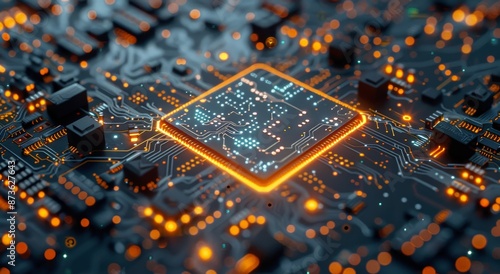 Close Up of a Microchip on a Circuit Board With Glowing Lights