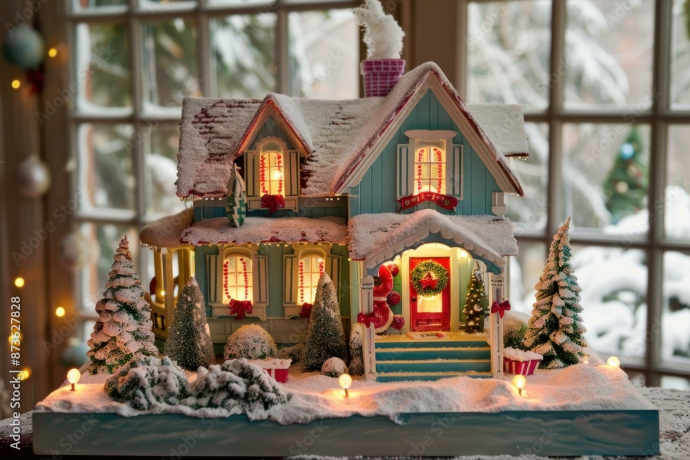 Fototapeta premium Illuminated festive miniature house with snow details set against a snowy window backdrop
