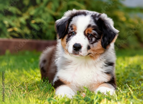 puppy Australian Shepherd dog in garden. High quality photo