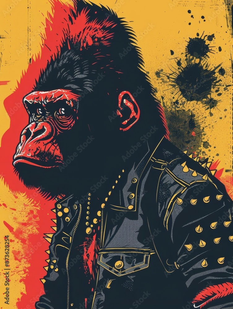 Obraz premium Gorilla in a Leather Jacket with Spikes and Red Mohawk