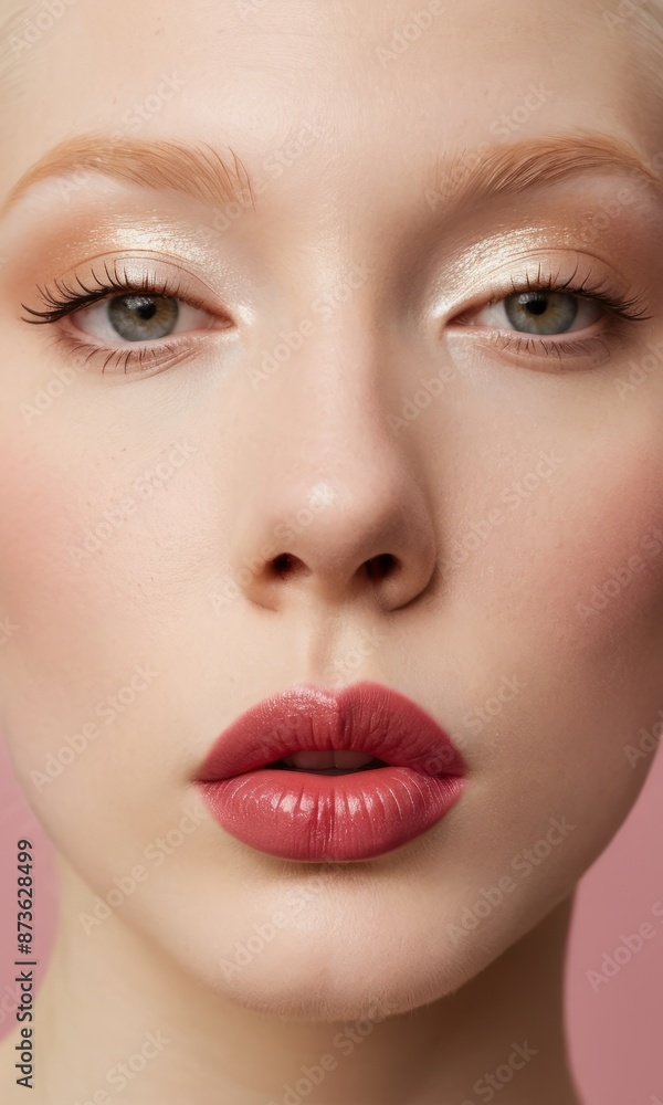 Naklejka premium albino woman with delicate makeup, pink lips, golden eye shadow and long eyelashes creating an elegant and stylish look highlighting natural beauty, concept of makeup and beauty themes, skin care