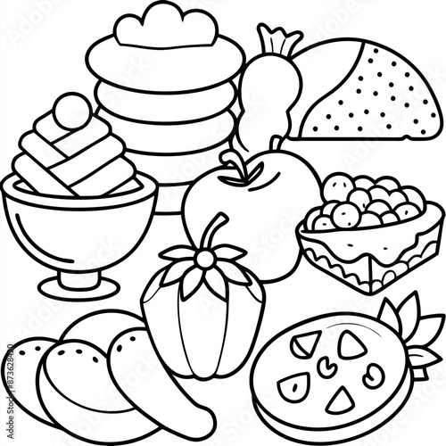 group cartoon colouring sheet of food items and dishes.