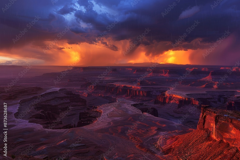 Fototapeta premium Stormy blue hour landscape of majestic Grand Canyon with dramatic clouds and rays of light