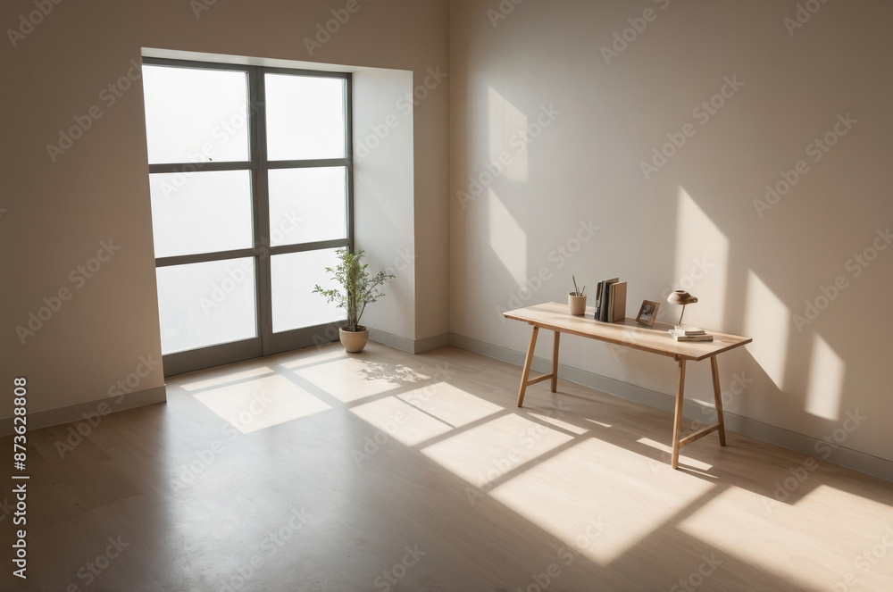 Fototapeta premium Minimalist workspace with wooden desk in sunlight streaming through large window