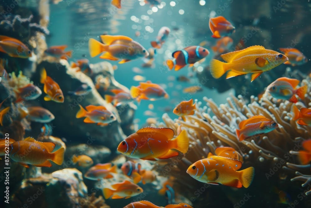 Orange and Blue Fish Swimming in a Coral Reef Orange and Blue Fish Swimming in a Coral Reef