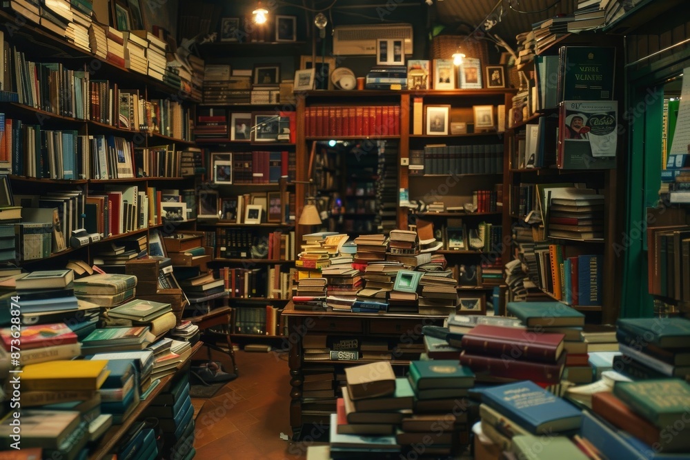 Overstocked Book Shop with Stacked Books in a Dim Light Overstocked Book Shop with Stacked Books in a Dim Light